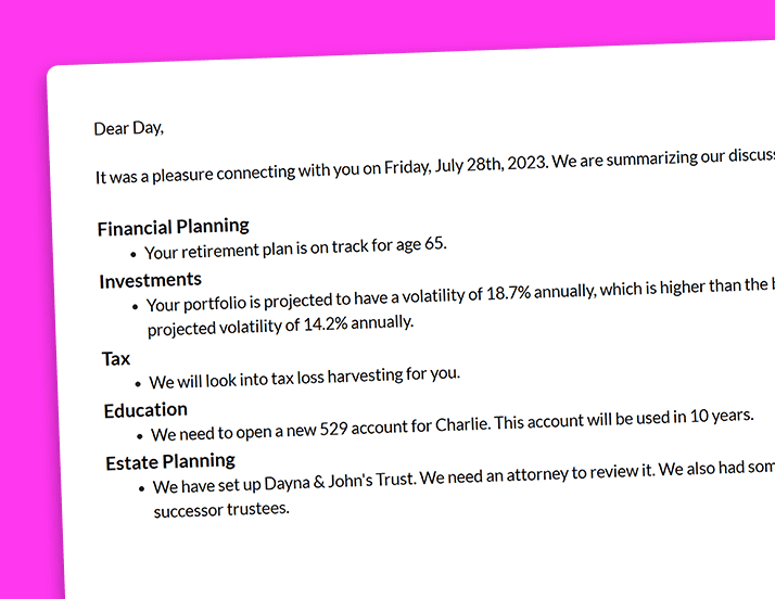 Email summary created by notegenius - pulse360 - for financial advisors